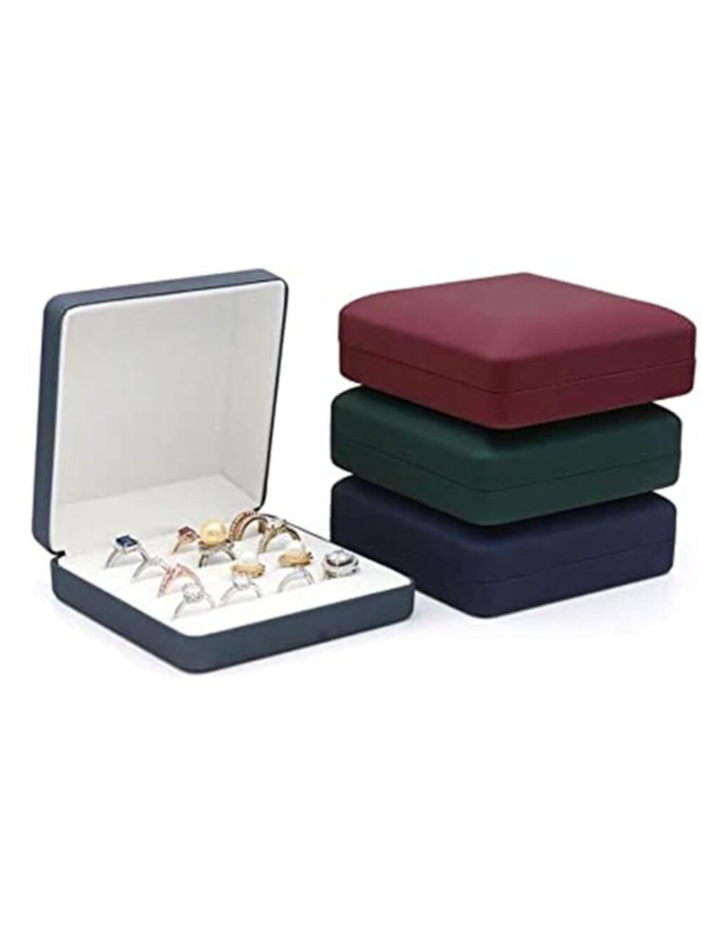 Green Faux Leather Ring Organizer Box Travel Jewelry Holder Storage Tray Women